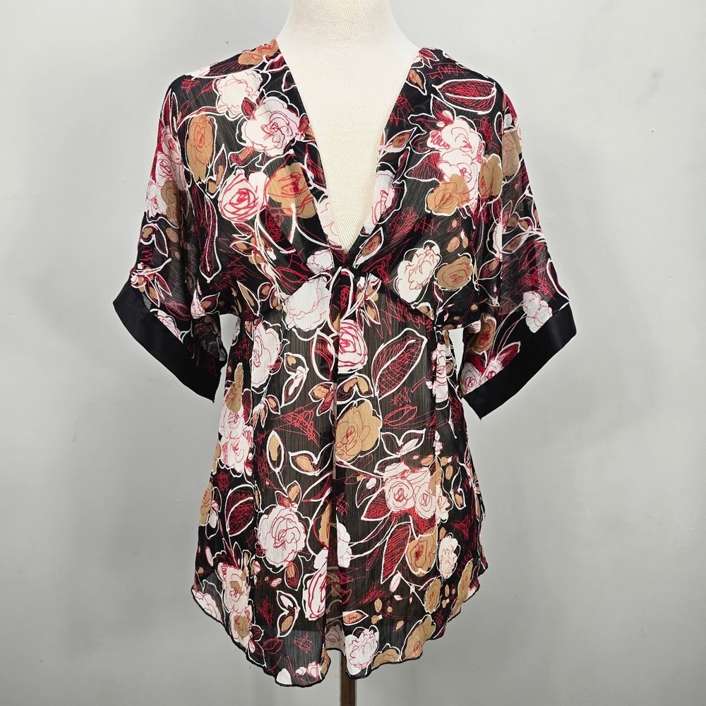Vintage Y2K Kimono Top Babydoll M Satin Trim Semi Sheer Whimsigoth Festival Boho
